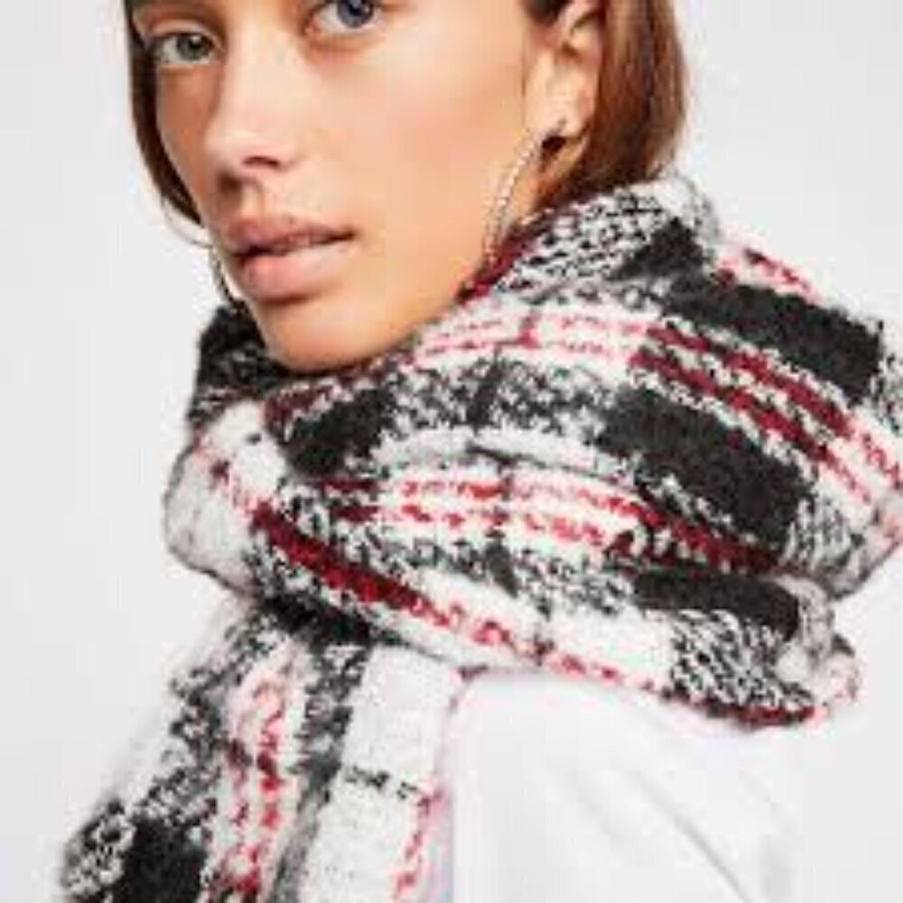 Free People Emerson Blanket Scarf Women's One Size 85" x 27" Ivory Red Plaid